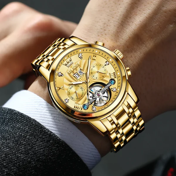 OLEVS 9910 Automatic Watches For Men Gold Luxury Dress Wrist Watch Self Winding Mechanical Skeleton Tourbillon Watch - Image 2