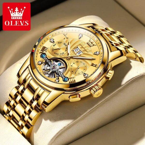 OLEVS 9910 Automatic Watches For Men Gold Luxury Dress Wrist Watch Self Winding Mechanical Skeleton Tourbillon Watch