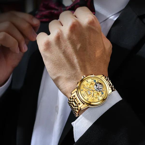 OLEVS 9910 Automatic Watches For Men Gold Luxury Dress Wrist Watch Self Winding Mechanical Skeleton Tourbillon Watch - Image 4