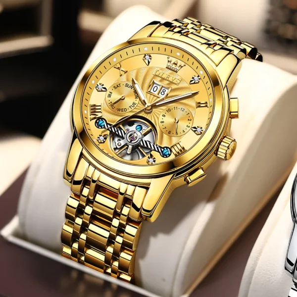 OLEVS 9910 Automatic Watches For Men Gold Luxury Dress Wrist Watch Self Winding Mechanical Skeleton Tourbillon Watch - Image 3