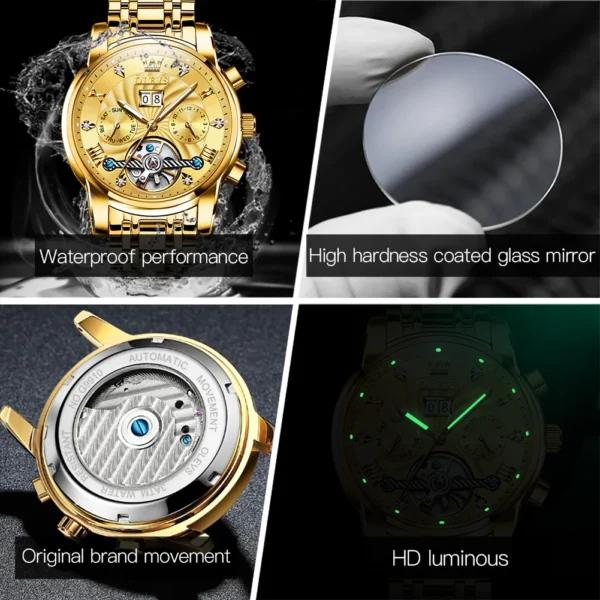 OLEVS 9910 Automatic Watches For Men Gold Luxury Dress Wrist Watch Self Winding Mechanical Skeleton Tourbillon Watch - Image 6