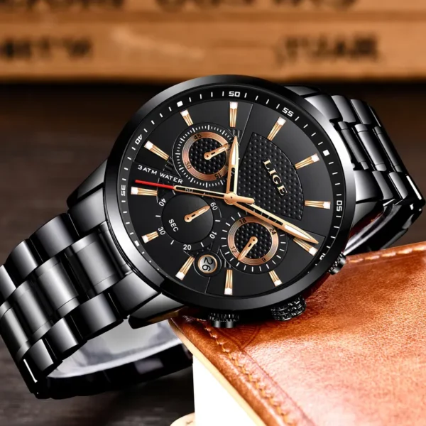 Original LIGE 9866 Brand Men's Business Wristwatch Calendar 12/24 Hour Clock Stainless Steel Waterproof Men Quartz Watch - Image 2