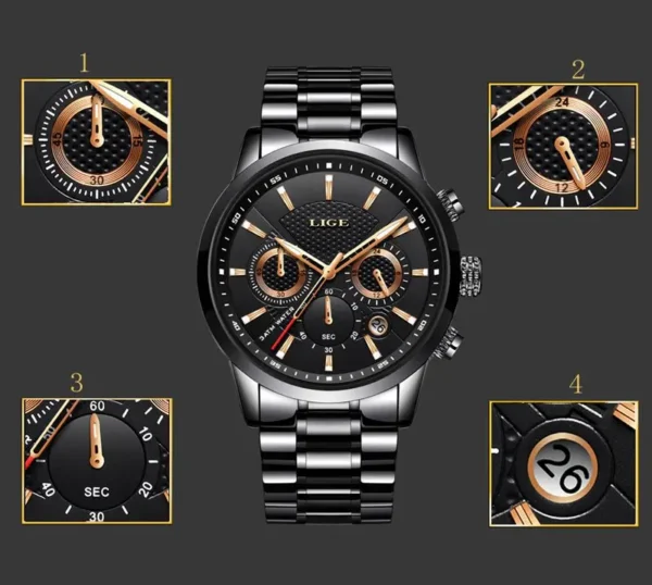 Original LIGE 9866 Brand Men's Business Wristwatch Calendar 12/24 Hour Clock Stainless Steel Waterproof Men Quartz Watch - Image 5