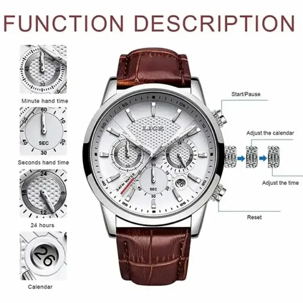 Original LIGE 9866 Brand Men's Business Wristwatch Calendar 12/24 Hour Clock Stainless Steel Waterproof Men Quartz Watch - Image 6