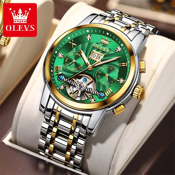 OLEVS 9910 Automatic Watches For Men Gold Luxury Dress Wrist Watch Self Winding Mechanical Skeleton Tourbillon Watch