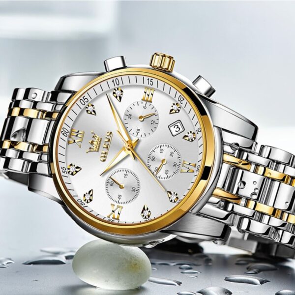 OLEVS 2858 Quartz Stainless Steel Watch-Silver Gold - Image 3