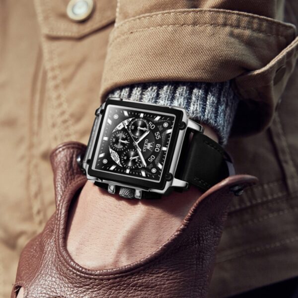 OLEVS 9919 Leather Quartz Square Fashion Watches for Men - Image 3