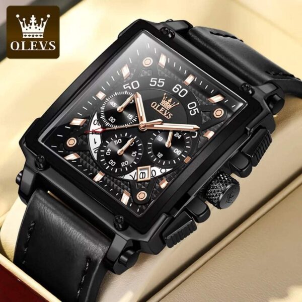 OLEVS 9919 Leather Quartz Square Fashion Watches for Men - Image 2