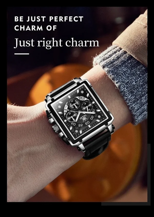 OLEVS 9919 Leather Quartz Square Fashion Watches for Men - Image 3