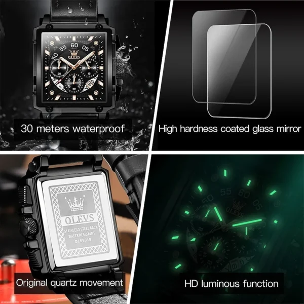 OLEVS 9919 Leather Quartz Square Fashion Watches for Men - Image 5