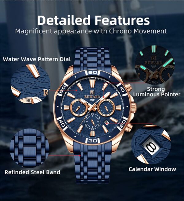 REWARD Mens Watch for Business Stainless Steel Luminous Wedding Wrist Watches - Image 3