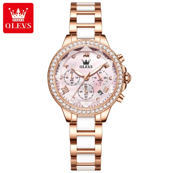 OLEVS 9999 Ceramic Steel Strap Mirror Diamond Quartz Watch For Women - Image 3