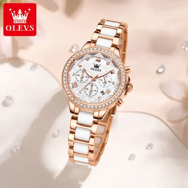 OLEVS 9999 Ceramic Steel Strap Mirror Diamond Quartz Watch For Women - Image 3