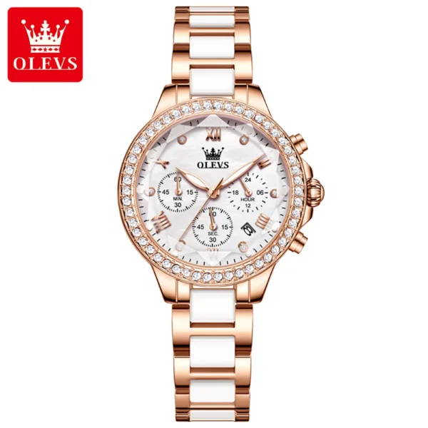 OLEVS 9999 Ceramic Steel Strap Mirror Diamond Quartz Watch For Women - Image 4