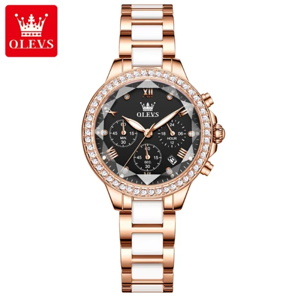 OLEVS 9999 Ceramic Steel Strap Mirror Diamond Quartz Watch For Women - Image 5