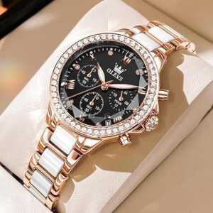 OLEVS 9999 Ceramic Steel Strap Mirror Diamond Quartz Watch For Women