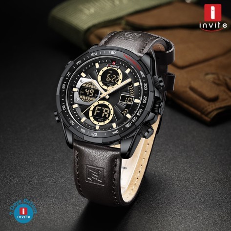 Naviforce 9197 Top Brand Luxury Leather Casual Military Sport Man Wristwach Dual Time Watch