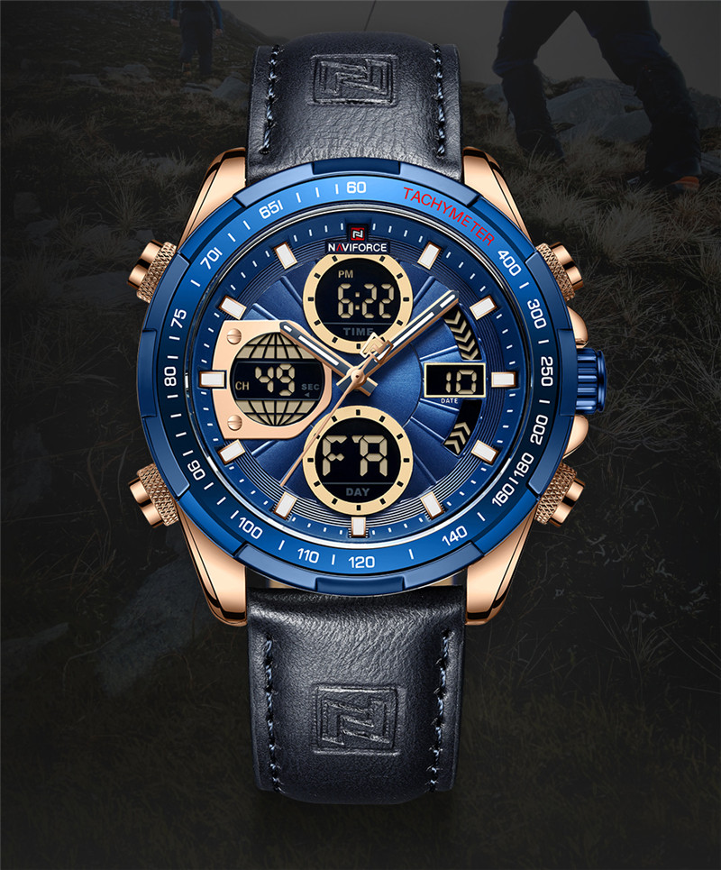 Naviforce 9197 Top Brand Luxury Leather Casual Military Sport Man Wristwach Dual Time Watch