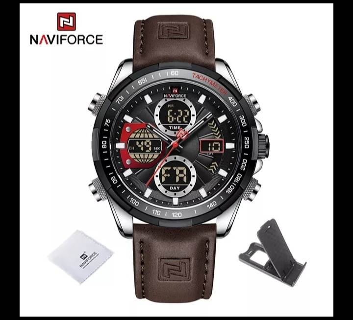 Naviforce 9197 Top Brand Luxury Leather Casual Military Sport Man Wristwach Dual Time Watch