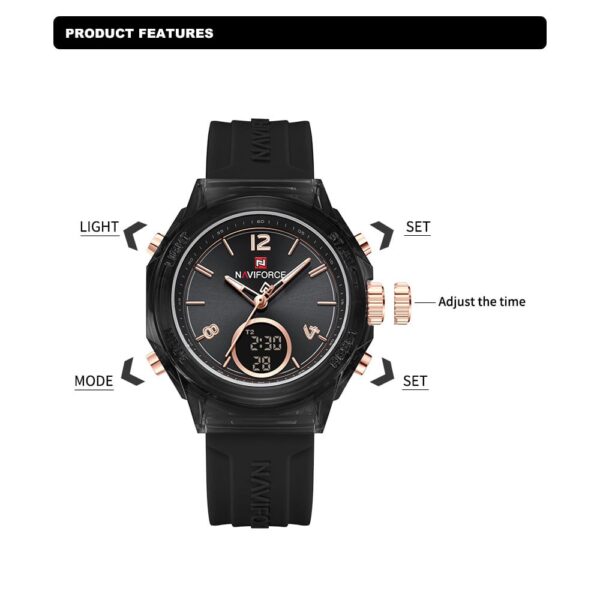NAVIFORCE 7109  Women Watch Luxury Silicone Original Digital LED Date Week Wristwatch - Image 4