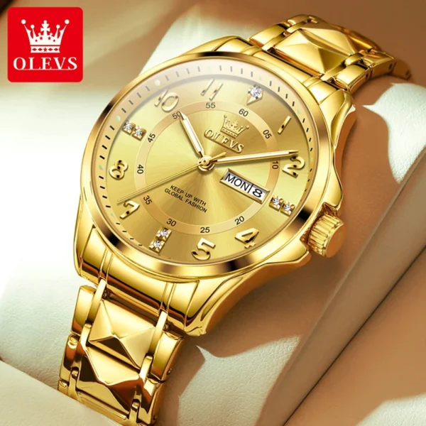 OLEVS 2910 New Luxury Gold Steel Band Quartz Men Watch Luminous Weekly Calendar Display