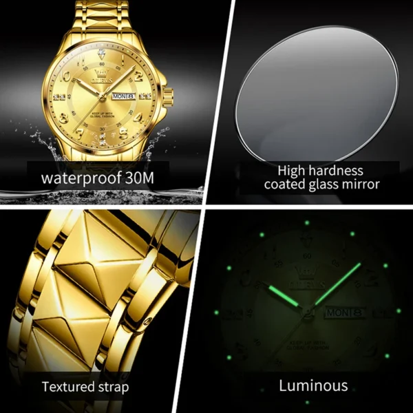 OLEVS 2910 New Luxury Gold Steel Band Quartz Men Watch Luminous Weekly Calendar Display - Image 4
