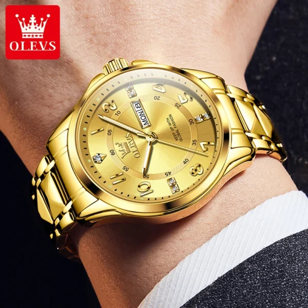 OLEVS 2910 New Luxury Gold Steel Band Quartz Men Watch Luminous Weekly Calendar Display - Image 2
