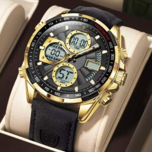 Poedagar 108 Men's Luxury Leather Casual Watches golden merun